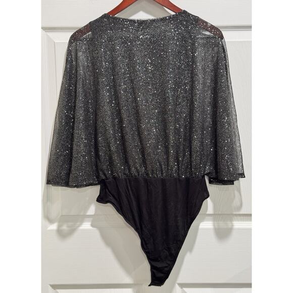 Venus Black Sparkly Glitter Faux Wrap Bodysuit Flounce Dolman Sleeves Size Large - Picture 5 of 5